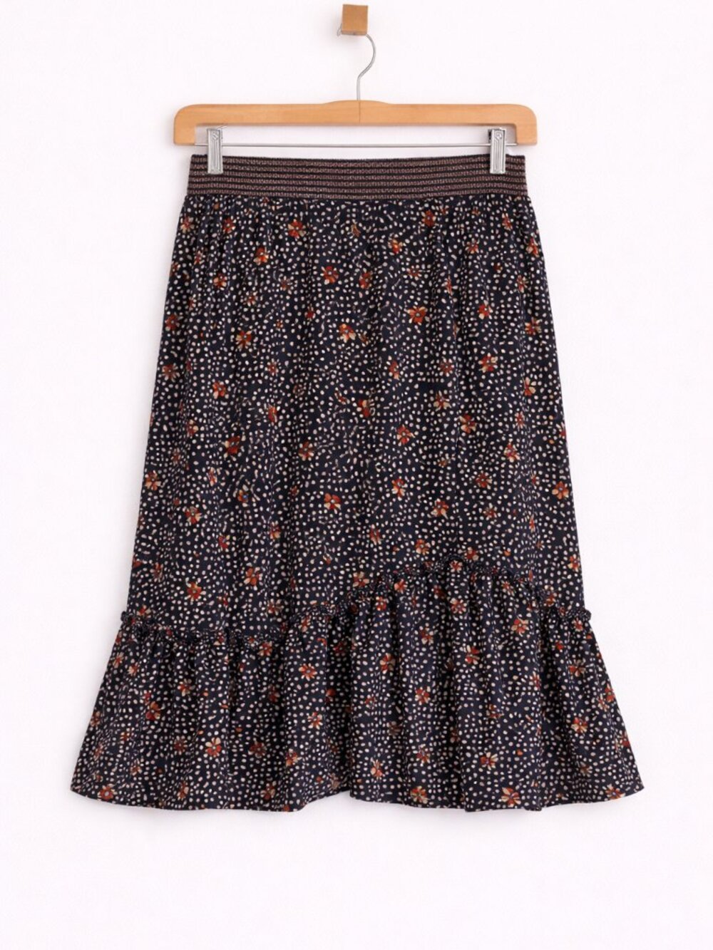 Max Studio Black Ditsy Floral Ruffle Midi Skirt Elastic Waist Small